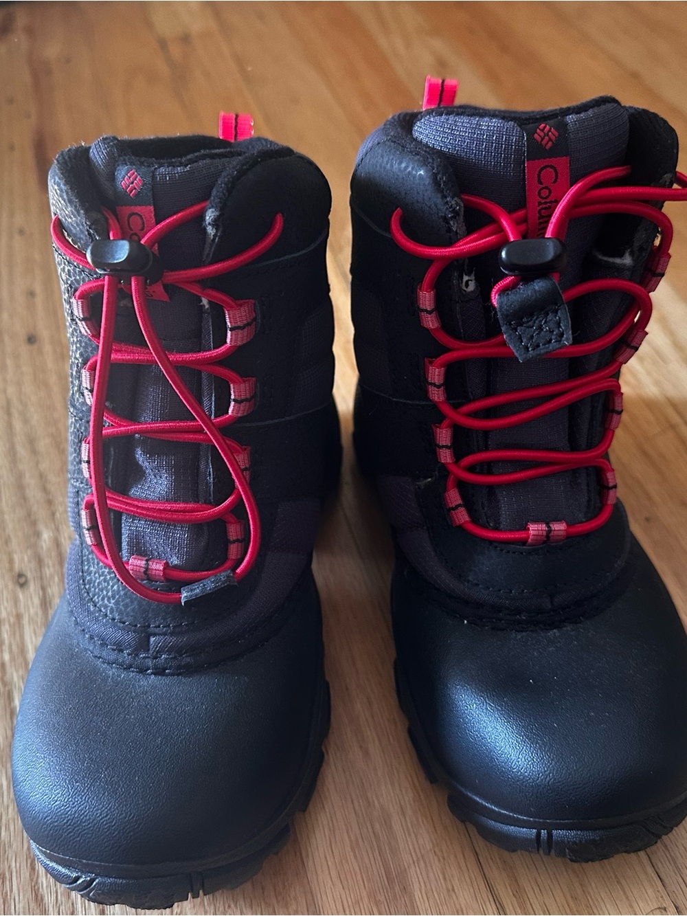 Columbia Kids Black Boots with Red Bungee Laces